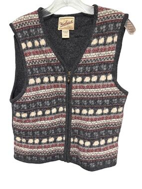 Vintage Woolrich Women's Large Charcoal  Sheep Graphic 100% Lambswool Zip Vest